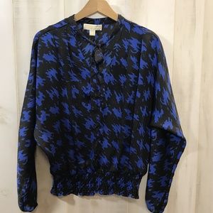 Michael Kors Blue Black Tie Front Blouse M Dolman